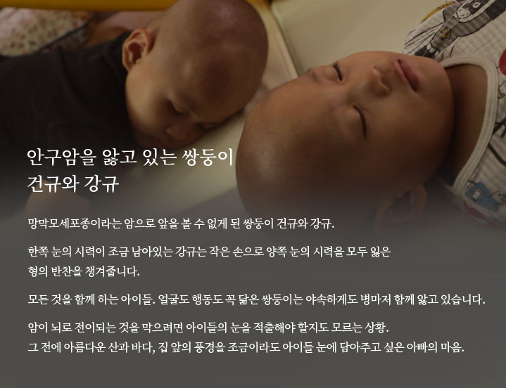 
														
														안구암을 앓고 있는 쌍둥이 
														건규와 강규

														망막모세포종이라는 암으로 앞을 볼 수 없게 된 쌍둥이 
														건규와 강규. 

														한쪽 눈의 시력이 조금 남아있는 강규는 작은 손으로 양쪽 눈의 
														시력을 모두 잃은 형의 반찬을 챙겨줍니다. 

														모든 것을 함께 하는 아이들. 얼굴도 행동도 꼭 닮은 쌍둥이는 
														야속하게도 병마저 함께 앓고 있습니다. 

														암이 뇌로 전이되는 것을 막으려면 아이들의 눈을 적출해야 
														할지도 모르는 상황. 
														그 전에 아름다운 산과 바다, 집 앞의 풍경을 조금이라도 
														아이들 눈에 담아주고 싶은 아빠의 마음. 
														