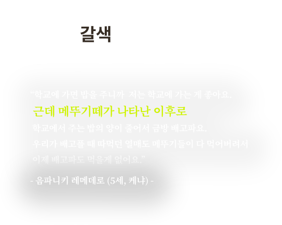 
									케냐의 하늘은 갈색 입니다.
									“학교에 가면 밥을 주니까 
									저는 학교에 가는 게 좋아요. 근데 메뚜기떼가 나타난 이후로 
									학교에서 주는 밥의 양이 줄어서 금방 배고파요. 
									우리가 배고플 때 따먹던 열매도 메뚜기들이 다 먹어버려서 
									이제 배고파도 먹을게 없어요.”
									- 마사콘후(31세, 시에라리온) -
								