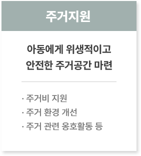 주거지원
						  아동에게 위생적이고
						  안전한 주거공간 마련
						  · 주거비 지원
						  · 주거 환경 개선
						  · 주거 관련 옹호활동 등
						  