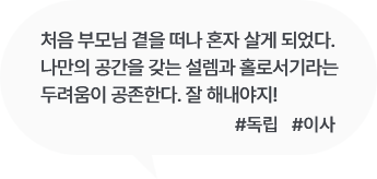 
						처음 부모님 곁을 떠나 혼자 살게 되었다.
						나만의 공간을 갖는 설렘과 홀로서기라는 
						두려움이 공존한다. 잘 해내야지! 
						