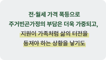 
							  전·월세 가격 폭등으로
							  주거빈곤가정의 부담은 더욱 가중되고, 
							  지원이 가족처럼 삶의 터전을
							  등져야 하는 상황을 낳기도
							  