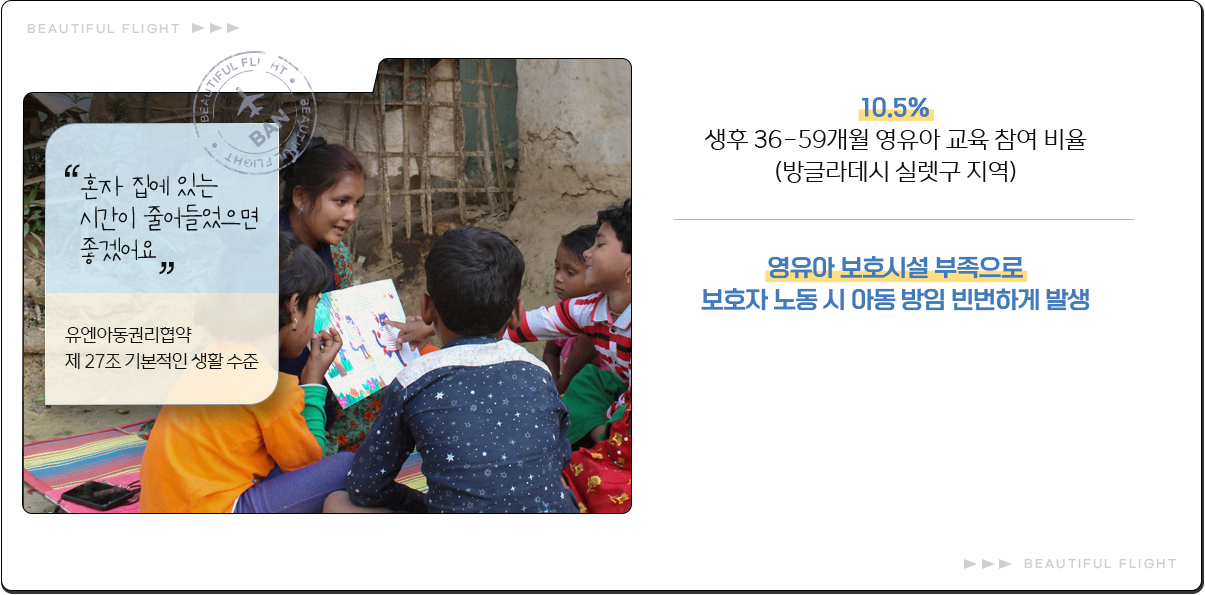 
							“혼자 집에 있는 시간이 줄어들었으면 좋겠어요”
							유엔아동권리협약 제 27조 기본적인 생활 수준
							
							생후 36-59개월 영유아 교육 참여 비율 10.5% /
							(방글라데시 실렛구 지역)
			
							영유아 보호시설 부족으로
							보호자 노동 시 아동 방임 빈번하게 발생
							