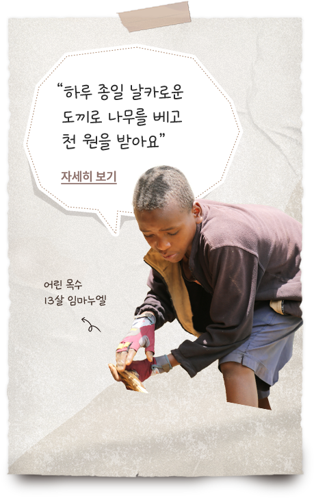 
						  어린 목수 13살 임마누엘 / 하루 종일 날카로운 도끼로 나무를 베고 천 원을 받아요 / 자세히 보기 클릭
						  