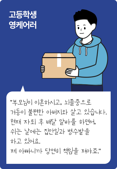 고등학생 영케어러 / 부모님이 이혼하시고, 뇌졸중으로 거동이 불편한 아버지와 살고 있습니다. 현재 자퇴 후 배달 알바를 하면서, 쉬는 날에는 집안일과 병수발을 하고 있어요. 제 아빠니까 당연히 책임을 져야죠.