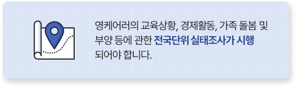 영케어러의 교육상황, 경제활동, 가족 돌봄 및 부양 등에 관한 전국단위 실태조사가 시행 되어야 합니다.