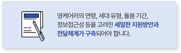 영케어러의 연령, 세대 유형, 돌봄 기간, 정보접근성 등을 고려한 세밀한 지원방안과 전달체계가 구축되어야 합니다.