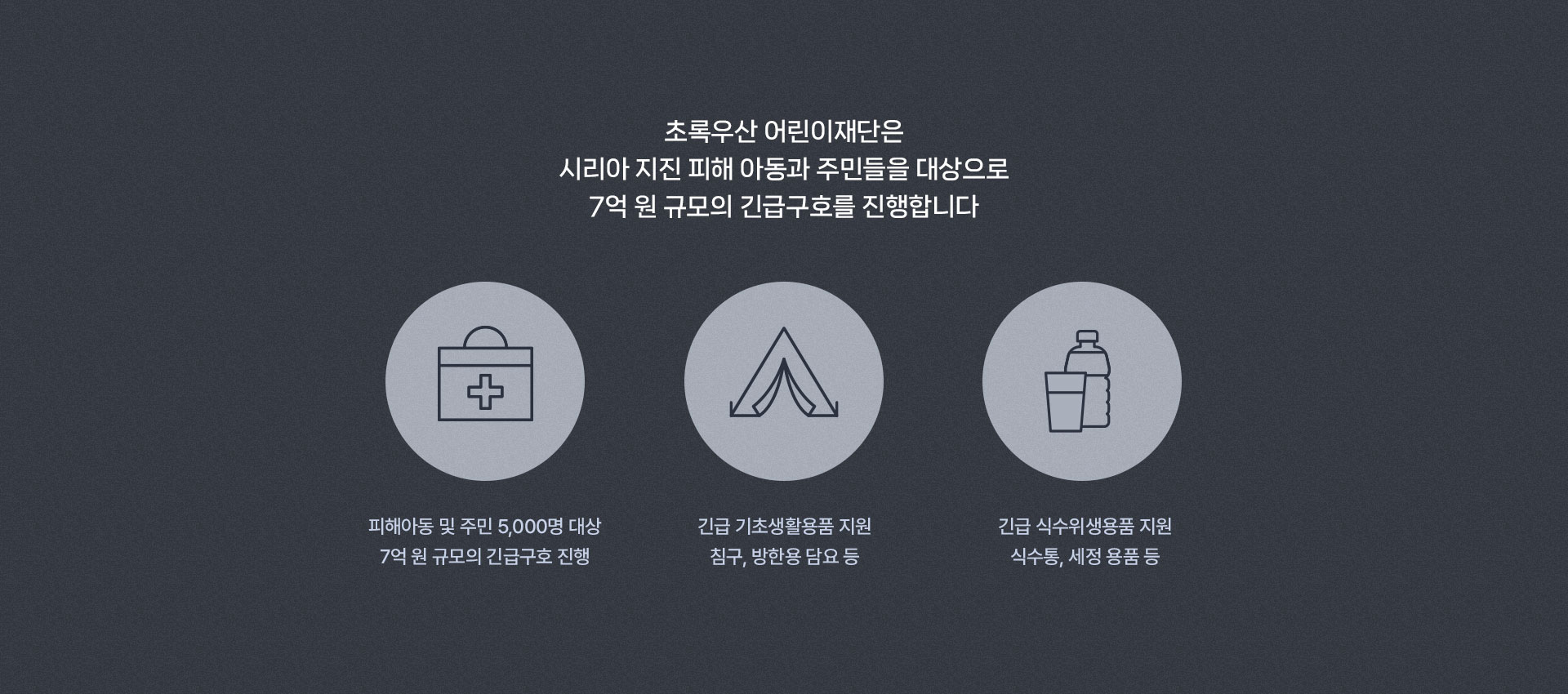 
								초록우산 어린이재단은 시리아 지진 피해 아동과 주민들을 대상으로 7억 원 규모의 긴급구호를 진행합니다
								피해아동 및 주변 5,000명 대상 7억 원 규모의 긴급구호 진행/긴급 기초생활용품 지원 침구, 방한용 담요 등/긴급 식수위생용품 지원 식수통, 세정 용품 등
								