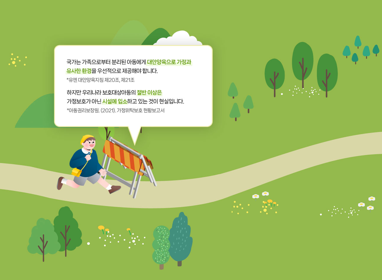 국가는 가족으로부터 분리된 아동에게 대안양육으로 가정과 유사한 환경을 우선적으로 제공해야 합니다. *유엔 대안양육지침 제20조, 제21조 하지만 우리나라 보호대상아동의 절반 이상은 가정보호가 아닌 시설에 입소하고 있는 것이 현실입니다. *아동권리보장원. (2021). 가정위탁보호 현황보고서