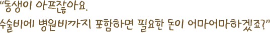 동생이 아프잖아요. 수술비에 병원비까지 포함하면 필요한 돈이 어마어마하겠죠?