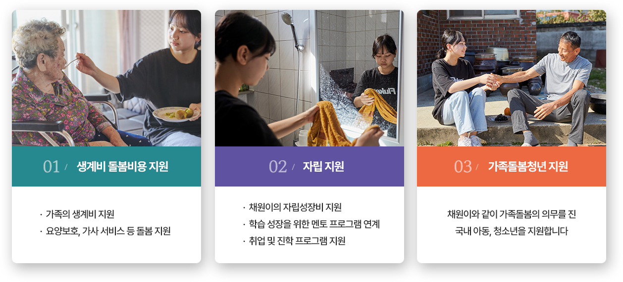 01. 생계비 돌봄비용 지원, 가족의 생계비 지원, 요양보호, 가사 서비스 등 돌봄 지원, 02. 자립 지원, 채원이의 자립 성장비 지원, 학습 성장을 위한 멘토 프로그램 연계, 취업 및 진학 프로그램 지원, 03. 가족돌봄청년 지원, 채원이와 같이 가족돌봄의 의무를 진 국내 아동, 청소년을 지원합니다.
