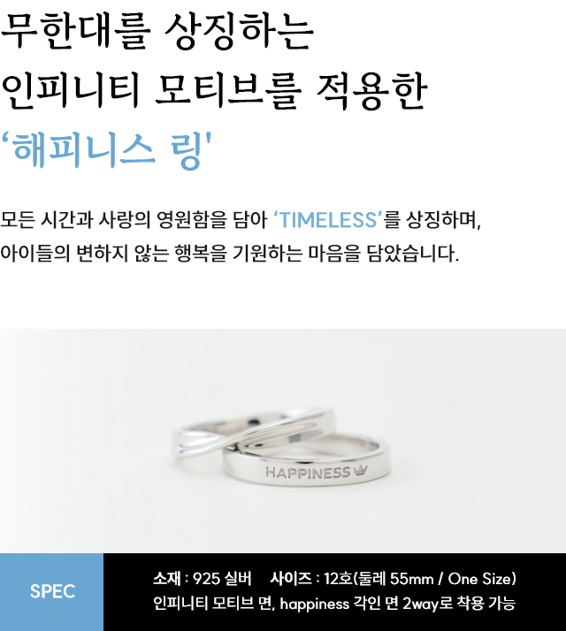 SPEC. 소재 : 925 실버, 사이즈 : 12호(둘레 55mm / One Size), 인피니티 모티브 면, happiness 각인 면 2way로 착용 가능