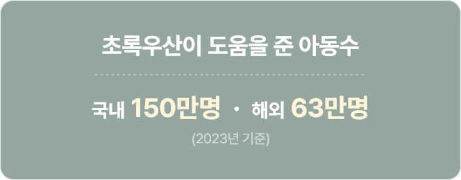 초록우산이 도움을 준 아동수 : 국내 150만명, 해외 63만명 (2023년 기준)