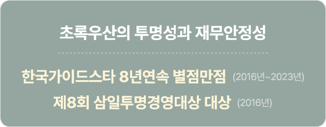 초록우산의 투명성과 재무안정성 : 한국가이드스타 8년 연속 별점 만점 (2016년~2023년), 제8회 삼일투명경영대상 대상 (2016년)