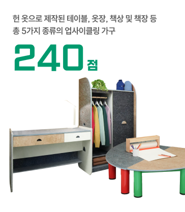 헌 옷으로 제작된 테이블, 옷장, 책상 및 책장 등 총 5가지 종류의 업사이클링 가구 240점