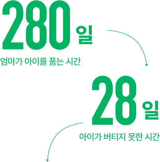 엄마가 아이를 품는 시간 280일 → 아이가 버티지 못한 시간 28일