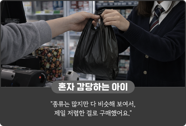 혼자 감당하는 아이: "종류는 많지만 다 비슷해 보여서, 제일 저렴한 걸로 구매했어요."